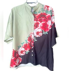 Green, red and black and floral unisex button down